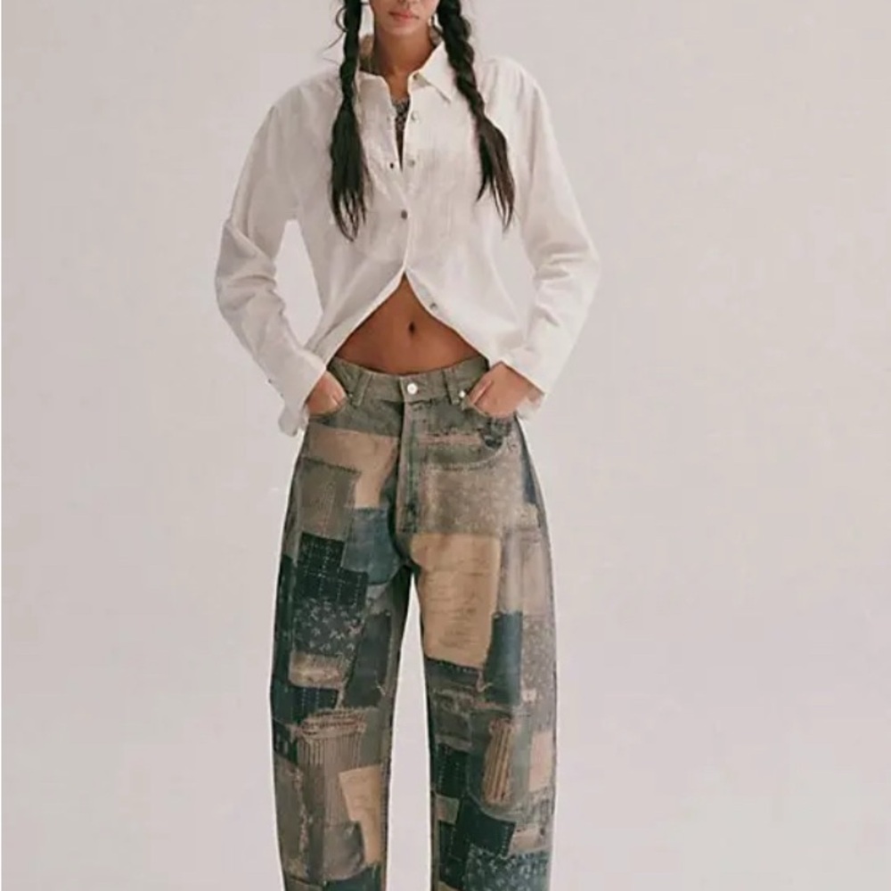 Free People Patchwork Flare Jeans - Blue and Tan